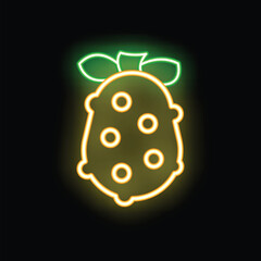 Glowing yellow neon sign of a cherimoya fruit with green leaves, shining on black background