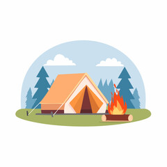 Camping Adventure Cozy Tent and Campfire Under a Cloudy Sky in the Forest