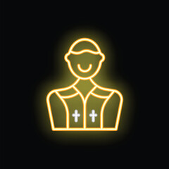 Yellow neon icon of a smiling priest wearing a cassock on a black background, suitable for religion related concepts