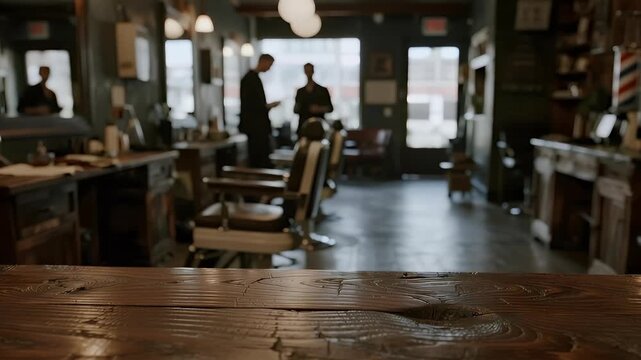Rustic wooden surface foreground with blurred classic barbershop interior and waiting clients. Perfect for product placement or text overlay.