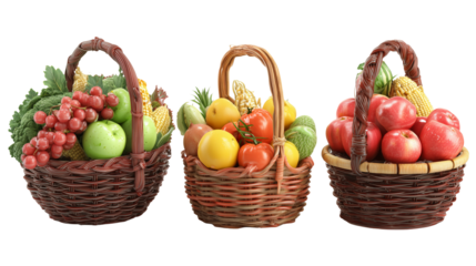 Three baskets of fresh fruits isolated on white isolated on transparent background