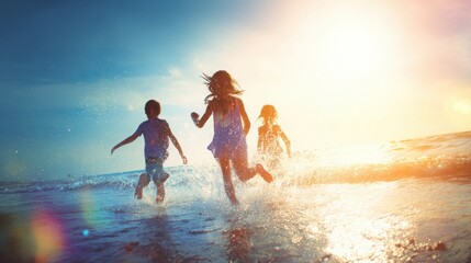 family playing at the beach, children running, splashing water, bright sunlight, vibrant colors, happy emotions, carefree atmosphere, cinematic feel