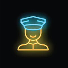 Yellow and blue neon sign depicting a taxi driver wearing a hat, on a black background