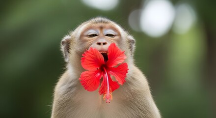 Playful monkey joyfully holding a vibrant red hibiscus flower in a lush green environment