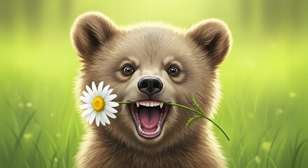 Playful bear cub holding a daisy in its mouth, surrounded by vibrant green grass and soft sunlight