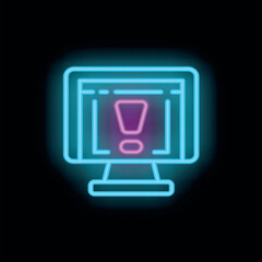 Neon computer screen displaying warning message, concept of system error, online alert, or notification