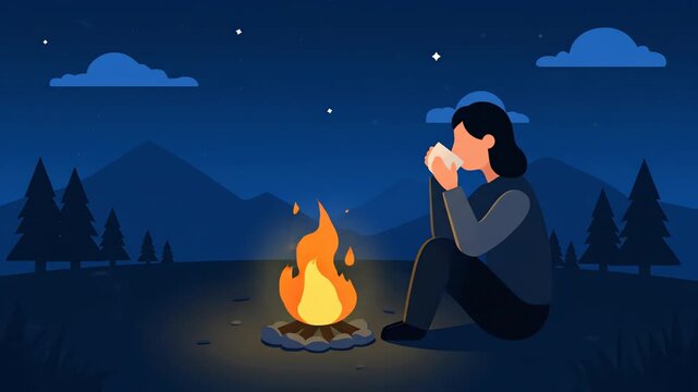 A woman enjoying a warm drink by a campfire under a starry night sky.