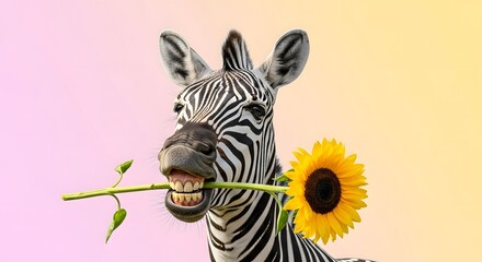 A cheerful zebra holding a sunflower in its mouth against a soft gradient background