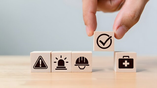 Work safety and compliance concept. Wooden cube blocks with icon of safety at workplace. Safety first, protections, health, regulations and compliance. Safety in working process. Zero accidents.