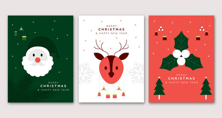 Fototapeta premium Set of three Merry christmas celebration trendy flat minimal creative banner and poster design vector illustration.