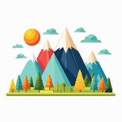 Vibrant flat design illustration of a majestic mountain landscape with colorful trees, a bright sun, and fluffy clouds, perfect for nature-themed projects and digital art