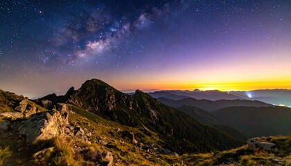Celestial Symphony: A breathtaking panorama unfolds as the Milky Way dances across a starlit canvas, overlooking majestic mountain peaks kissed by the dawn's golden hues.