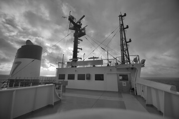 View of a merchant ships bridge and main mast