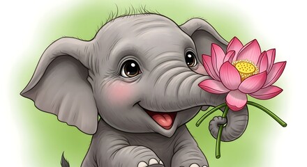Cute cartoon elephant joyfully holding a pink lotus flower against a soft green background