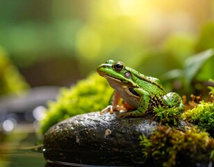 Obraz premium A vibrant green amphibian perches atop a stone amidst lush greenery and sunlight
