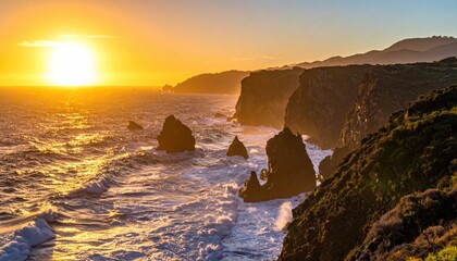 Seascape Sunset: Capturing the tranquil beauty of a coastal landscape at sunset, the image showcases the sea, rugged cliffs, and the vibrant golden hues of the sun descending towards the horizon.