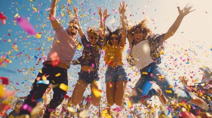 Obraz premium friends celebrating together, jumping in the air, colorful confetti, cheerful expressions, sunny day, dynamic composition, positive energy, vibrant