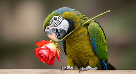Colorful parrot holding a rose in its beak, perched on a branch with a blurred natural background