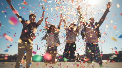 friends celebrating together, jumping in the air, colorful confetti, cheerful expressions, sunny day, dynamic composition, positive energy, vibrant