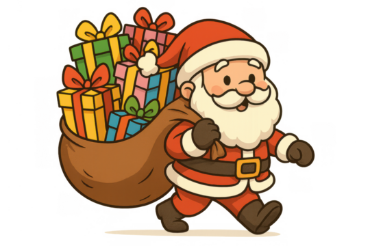 Santa claus delivering christmas gifts. Santa carrying a big bag of presents. Holiday season concept with transparent background