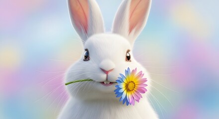 Cute white rabbit holding a colorful flower in its mouth, set against a soft pastel background