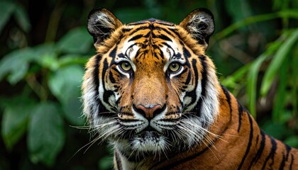 Obraz premium Tiger's Intense Gaze: A captivating portrait of a majestic tiger, its piercing eyes locked in a direct gaze. The tiger's powerful form is set against a backdrop of lush green foliage.