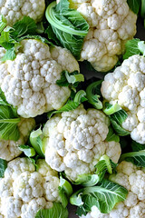 Close-up of fresh cauliflower heads with green