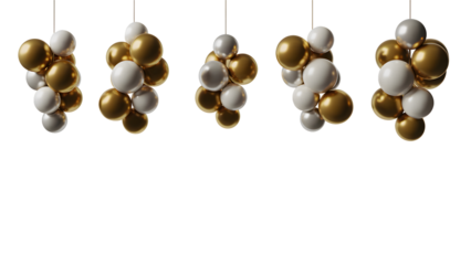 Gold and white metallic spheres isolated on transparent background, shiny clustered ornaments, ideal for holiday designs, Christmas cards, New Year celebrations, and festive digital art.