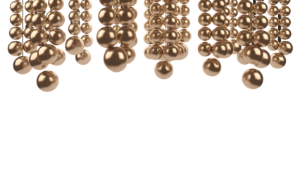 Golden metallic spheres isolated on transparent background, arranged in elegant strings with reflective shine, ideal for festive design, holiday branding, and digital art projects.