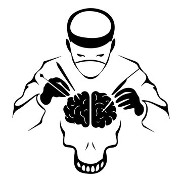 The doctor performs a craniotomy. Vector line art on the theme of medicine and science