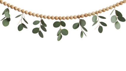 Natural wooden bead and green eucalyptus garland isolated on transparent background, a rustic and elegant design element ideal for wedding invitations, cozy holiday decor, branding, and digital art