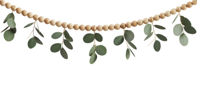 Natural wooden bead and green eucalyptus garland isolated on transparent background, a rustic and elegant design element ideal for wedding invitations, cozy holiday decor, branding, and digital art