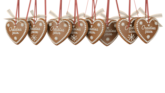 Brown gingerbread heart cookies with white icing details and ribbons, isolated on transparent background, festive and cozy, ideal for Christmas designs, holiday decor, and winter craft projects. - Powered by Adobe