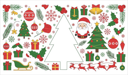 Festive christmas elements collection with santa claus trees ornaments and gifts for holiday design