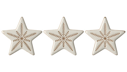 Three cream ceramic stars with rustic brown snowflake patterns, isolated on transparent background, ideal for Christmas design, winter decoration, cozy branding, and digital art projects.
