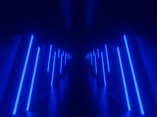 3D Blue neon tunnel. Black background with blue neon lights