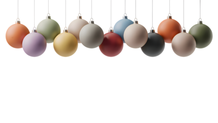 Colorful matte Christmas ornaments in pastel and muted tones isolated on transparent background, hanging festive decor, ideal for holiday designs, branding, digital art, and seasonal craft projects