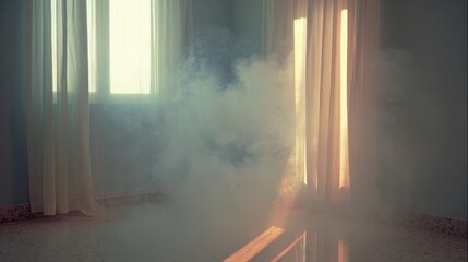 gentle mist and smoke in a dimly lit room, soft pastel lighting, relaxing calm mood, minimalistic