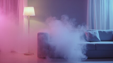 gentle mist and smoke in a dimly lit room, soft pastel lighting, relaxing calm mood, minimalistic