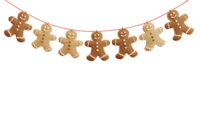 Brown gingerbread men cookies with white icing and candy accents, strung on a red line and isolated on transparent background, ideal for festive Christmas designs, holiday digital art, and cozy win