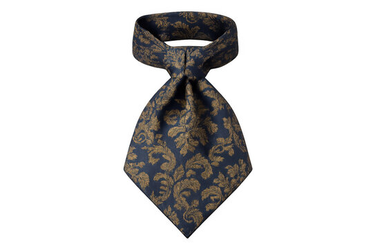 Elegant ascot tie with blue and gold floral pattern, representing formal occasion fashion and luxury apparel