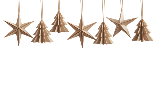Beige folded paper Christmas trees and stars isolated on transparent background, minimalist geometric festive ornaments, ideal for holiday designs, winter decor, and craft projects.