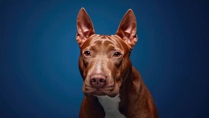 Photo of a Bullterrier dog against a blue backdrop