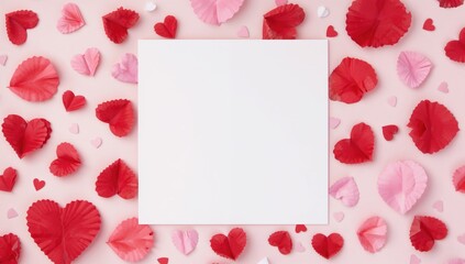 Background of Valentine's Day theme, decorative paper hearts in red and pink, suitable for a romantic greeting card design