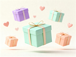 Obraz premium Floating pastel gift boxes with golden ribbons and pink hearts on a light background, symbolizing love and celebration