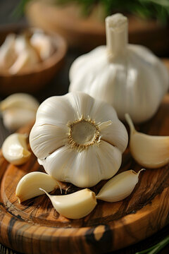 Fresh garlic bulb with peeled cloves 