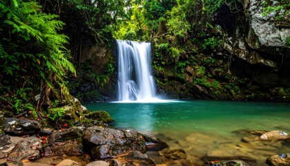 Fototapeta premium Serene Cascade: Majestic waterfall plunges into a pristine turquoise pool, surrounded by lush green foliage and rocky terrain, creating a tranquil scene of natural beauty.