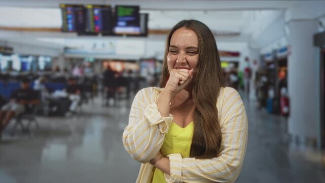Woman with hand covering mouth in airport terminal wearing a yellow top and striped shirt, arm folded across chest while smiling with hand to mouth; amusement.