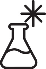 Minimalist line art icon of a chemical flask with sparkles symbolizing a scientific reaction, energy, innovation, and creative discovery in research or science.