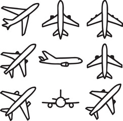 Silhouette set of airplanes flying in different poses and angles, featuring various aircraft shapes — perfect for aviation, travel, and transportation design use.